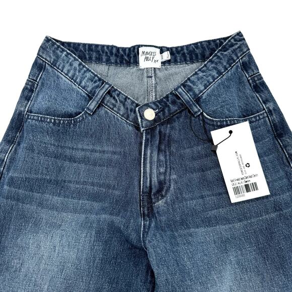 Princess Polly Jeans Womens 2 (25x31 ACTUAL) Wide Leg V-Waist Karol Dark NEW - Picture 2 of 8